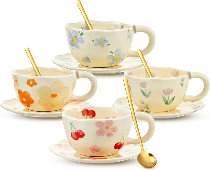 Vesici 4 Set Ceramic Coffee Mug Set with Saucer and Spoon Cute Mothers Day Gifts for Mom 8.5 oz Vintage Floral Tea Cup Aesthetic Mug Gift for Women, Dishwasher and Microwave Safe (Mixed Styles)