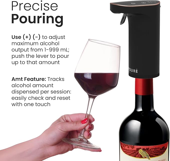 Electric Liquor Dispenser with Wine Aerator - Adjustable Alcohol Output 1-999mL - Smart Whiskey Pourer Pump - Long Battery Life - LED Touch Screen - Birthday Gift for Men Women (Black)