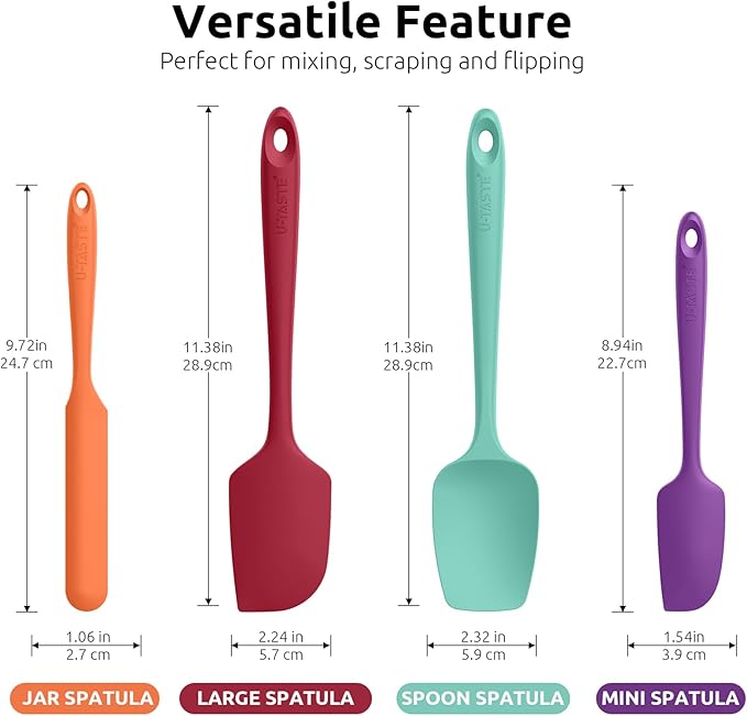 U-Taste 600ºF Heat Resistant BPA Free Silicone Spatula Set of 4 (Multicolor), and 18/8 Stainless Steel 8in Long Coffee Scoop Set of 2, 1&2Tbsp(15&30ml)