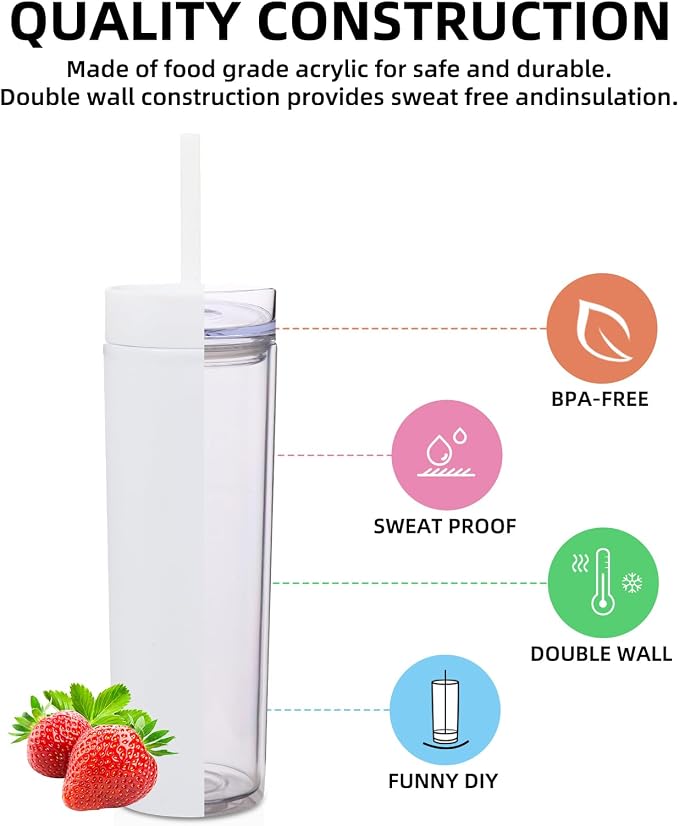 Volhoply 16oz Plastic Skinny Tumbler With Lid and Straw Bulk 4 Pack,Insulated Double Wall BPA Free Matte Acrylic Tumblers,Iced Coffee Mug Reusable Party Cup,Customizable Diy Gifts(Assort color,4 Set)