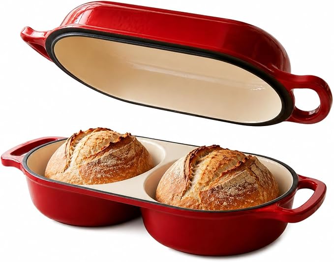 Mini Double Dutch Oven for Sourdough Bread – Enameled Cast Iron Loaf Pan with Dual Loaf Design, 500°F Oven Safe Non-Stick Cast Iron Dutch Oven, Small Loaf Baker for Artisan Baking