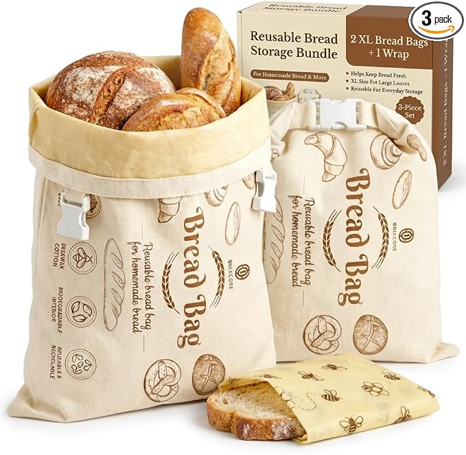 Cotton Beeswax Bread Bags for Sourdough - 3 Pack Reusable 2XL Set with Beeswax Wrap & Buckle Closure, Freezer Safe, Eco-Friendly Organic Storage for Homemade Bread & Artisan Loaves