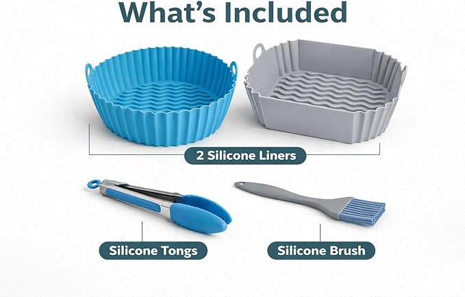 Silicone Air Fryer Liners by Lavang Creations – 4-Piece Reusable Air Fryer Accessory Set with 2 Liners (Round & Square), Tong & Brush, Fits Most 4–7 QT Air Fryers (Blue & Gray)