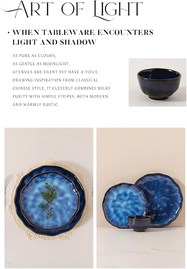 4-piece set, ceramic, natural active glaze plate and bowl set, microwave and dishwasher compatible tableware set, shatterproof and scratch resistant dinner set, irregular edge design, blue