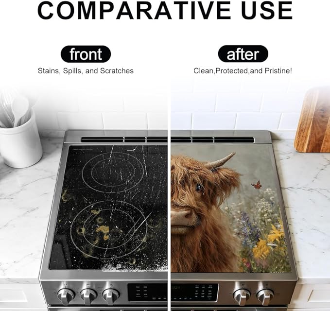 Stove Top Cover for Electric Stove 28.35 x 20.47 Inch Non Slip Stove Mat Highland Cow Daisy Glass Cooktop Protector Kitchen Counter Mat