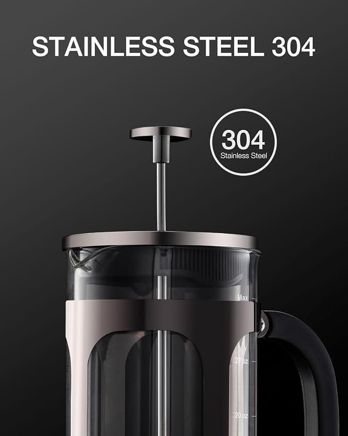 BAYKA French Press Coffee Maker, Easy to use,Large 304 Stainless Steel Coffee Press, Cold Brew Heat Resistant Thickened Borosilicate Coffee Pot for Camping Travel Gifts, 34 Ounce, Dark Pewter