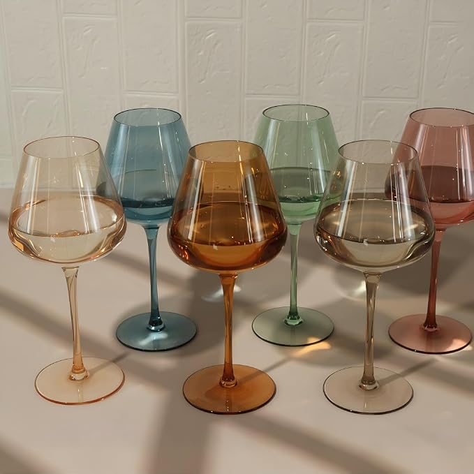 Physkoa Colored Burgendy Wine Glasses Set 6-18oz HandBlown Colorful Wine Glass With Long Stem,Multi Color Mothers Day Wine Glasses Gift for Women Mom
