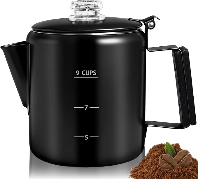 9 Cup Percolator 304 Stainless Steel Coffee Pot Coffee Maker Coffee Machine with Solid Wood Handle Transparent Knob Stovetop Greca Mocha for Induction Home and Camping 1500ml 50.7oz Black