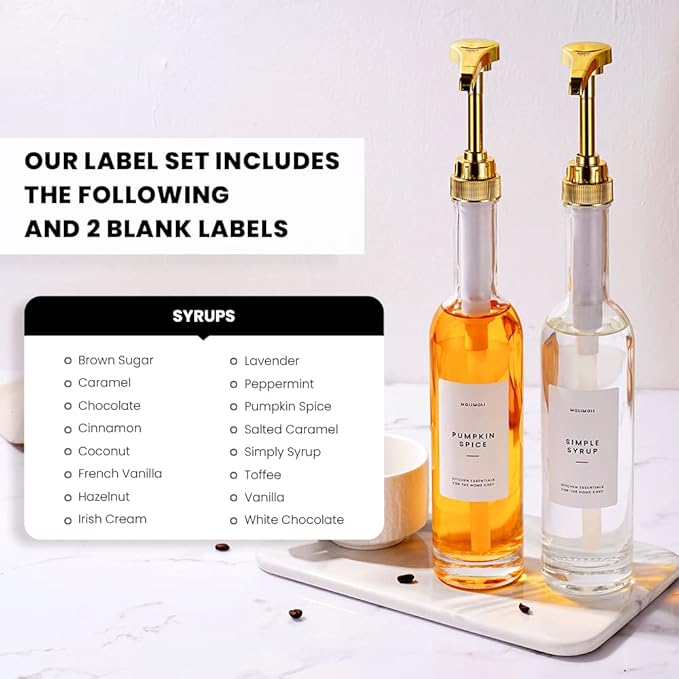 Molimoli Coffee Syrup Dispenser for Coffee Bar, Coffee Pump Dispenser | Coffee Syrup Dispenser for Coffee Bar, Glass Syrup Bottle w. Pumps and Labels Set of 2, 350ml & 500ml (Gold)