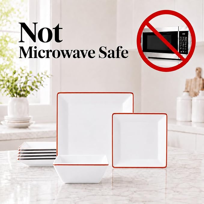 TP 12-Piece Melamine Dinnerware Sets, Plates and Bowls Dishes Set for 4, Break-Resistant & Non-Microwavable, Lightweight Square Dinner Plates, White with Rim