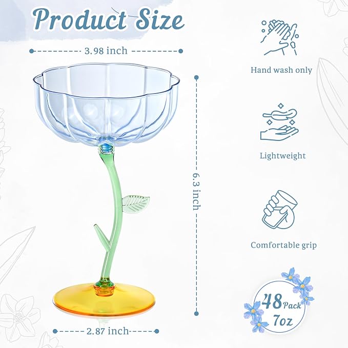48 Pcs Blue Plastic Ribbed Coupe Glasses Detachable 7oz Flower Cocktail Glasses Modern Wavy Plastic Cocktail Coupes Disposable Martini Glasses Mimosa Glassware champagne goblets (48, Blue)