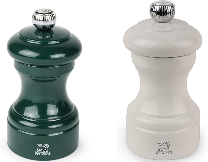Peugeot Bistro Pepper and Salt Mill Set, 4in - Beechwood Mills with Adjustable Grinding - For Peppercorns and Rock Salt, Corrosion-Resistant - Essential Kitchen Tools (Green/Ivory)