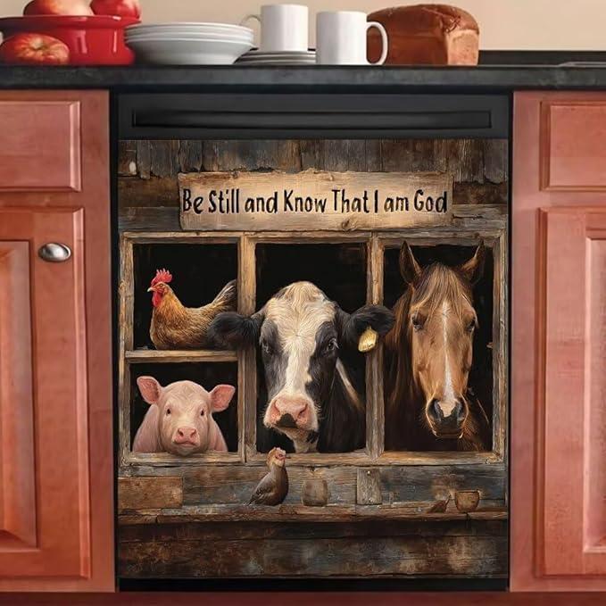 Rooster Dishwasher Magnet Cover,Dishwasher Refrigerator Decoration Pig Horse Magnetic Panel Decal,Cow Washing Machine Cover Magnet, Farmhouse Kitchen Appliance Magnet Door Sticker,23"x17"