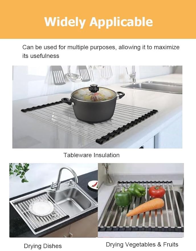 37/40/43/45/47/50/52 CM Collapsible Roll up Dish Drying Rack, Over The Sink Square Tubes Foldable Stainless Steel Drainer for Kitchen(Black,43x43cm/16.9x16.9in)