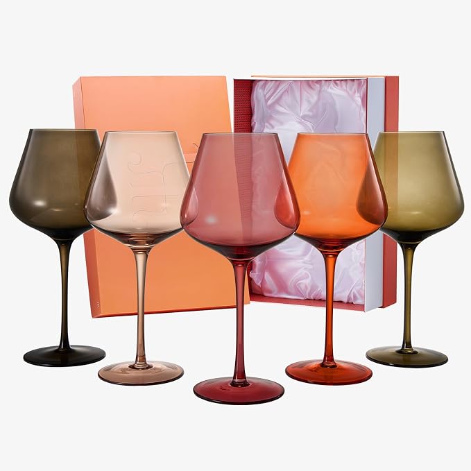 Khen Colored Crystal Wine Glass Set of 5, Large 20 OZ Glasses, Summer Flower Bright Italian Style Tall Stemmed Drinkware for Red & White Wine, Water Dinner Glasses, Color Glassware - (Stemmed)