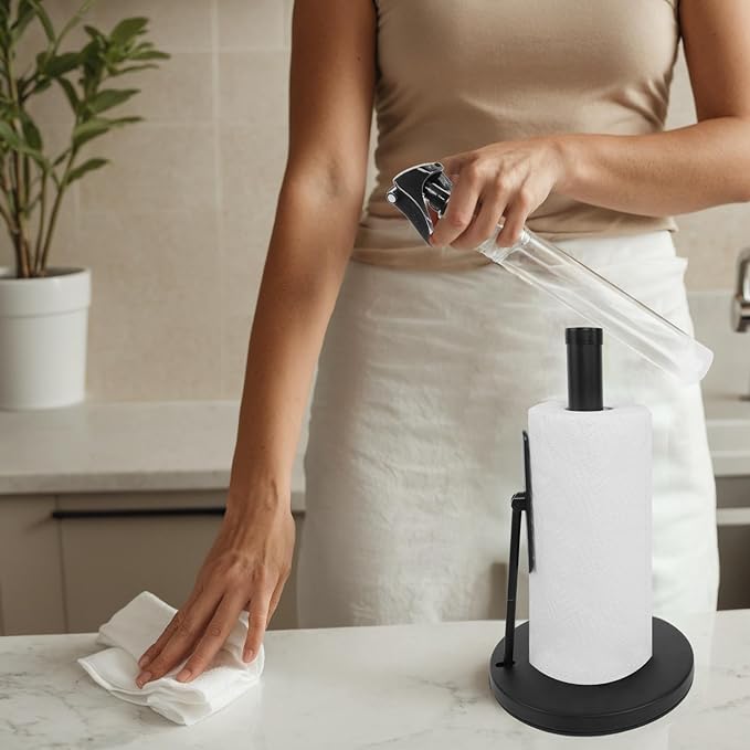 Paper Towel Holder with Spray Bottle,Heavy-Duty Countertop Kitchen Paper Towel Holder,Stainless Steel One-Handed Tear Kitchen Towel Dispenser for Countertop,Black