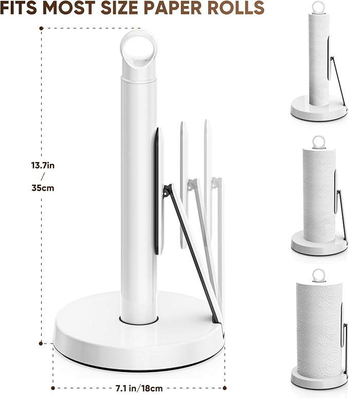theaoo Heavy-Duty Stainless Steel Paper Towel Holder with Tension Arm – Easy One-Handed Tear, Modern Standing Countertop Dispenser for Kitchen, Holds All Paper Towel Rolls (1, White)