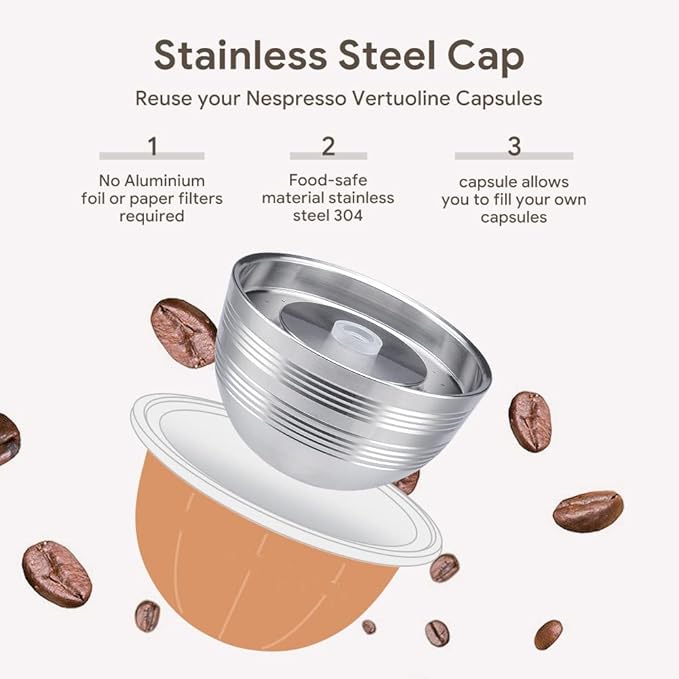 Stainless Steel Reusable Pod Comatible with Vertuo Next +EMPTY Refillable Alumium Coffee Pods-80+150+230ml Each 6 Pcs + 1Pcs Coffee Capsule Tamper For Reusable nespresso Vertuo Next Pods