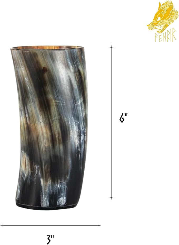 FENRIR Viking Drinking Horn Mug Set of 2 – Gifts for Men, Dad, Husband – Unique Viking Gift – Natural Ox Horn Cup with Opener – For Beer, Ale, Mead (12-13 Oz/Glass)