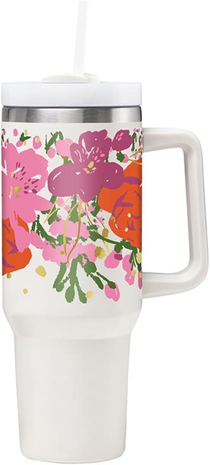 Santa Barbara Design Studio Insulated Tumbler with Handle and Straw Vacuum Sealed Stainless Steel Travel Mug, 40-Ounce, Moroccan Flower