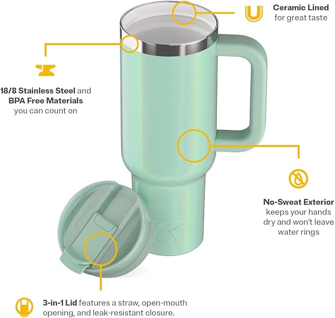 RTIC 40 oz Road Trip Tumbler Double-Walled Cermaic Lined Insulated Stainless Steel Portable Travel Coffee Mug Cup with Lid, Handle and Straw, Fresh Mint Glitter