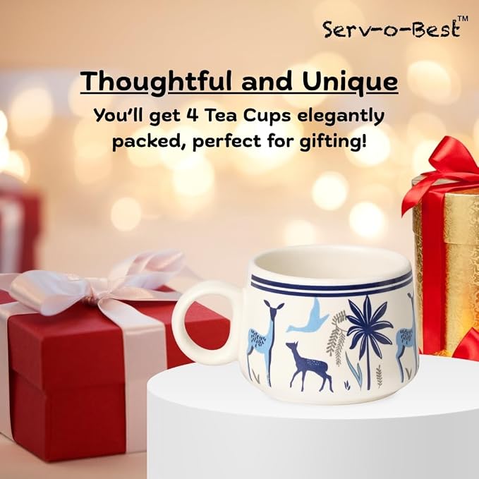 Servo Best Handmade Cermaic Tea Cup Set of 4-5 Oz Small Cups for Espresso, Cappuccino, Tea, Chai – Dishwasher & Microwave Safe – Gift Set for Coffee Lovers, Kitchen, Home, Office - Blue Jungle