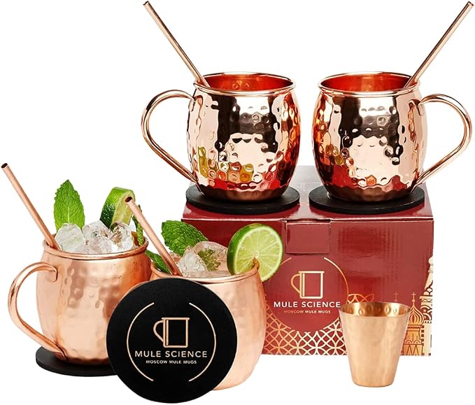 Copper Moscow Mule Mugs Set of 4 with Straws, Jigger & Coasters | Hammered Copper Cocktail Cups with Food-Safe Lacquer Coating (Interior & Exterior) | Lab Tested, 1-Year Warranty Gift Set