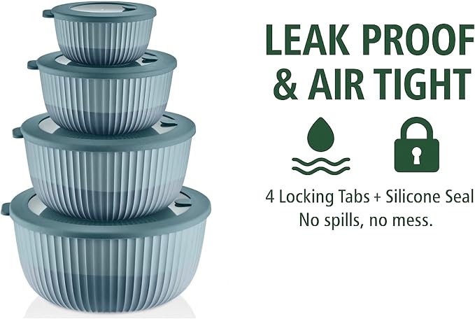 Mixing Bowls with Lids, 8-Piece Airtight Leak-Proof Nesting BPA-Free Prep Bowl Set for Kitchen & Food Storage, Large 4200ml Capacity, Microwave & Dishwasher Safe