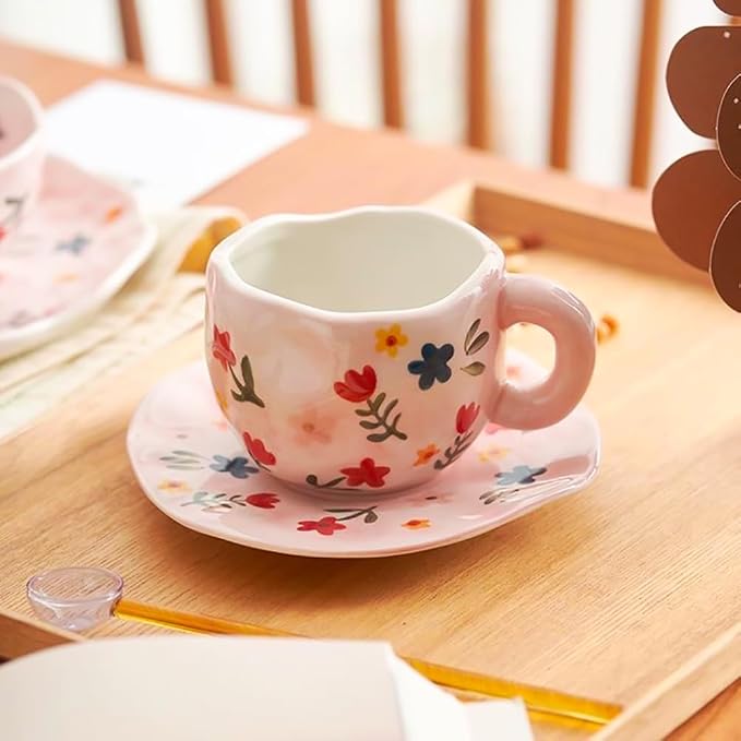 Noviko Flower Coffee Mug Pink Fancy Cup with Saucer Set for Women 10 oz