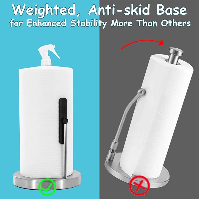 Paper Towel Holder with Spray Bottle, Countertop Kitchen Paper Towel Dispenser, Featuring Spring Arm and Weighted Base for One-Handed Operation (Brushed Nickel)