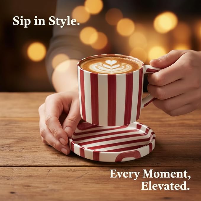 Festive Red and White Striped Ceramic Coffee Mug and Saucer Set, 200ml Latte & Tea Cup Gift for Holidays (Red)