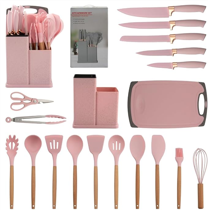 19 Pcs Kitchen Cooking Utensils and Knife Set with Block, with 11 Piece Silicone Cooking Utensils Set 5 Pcs Sharp Stainless Steel Chef Knives Scissors Whisk Tongs and Cutting Board (Cherry Pink)