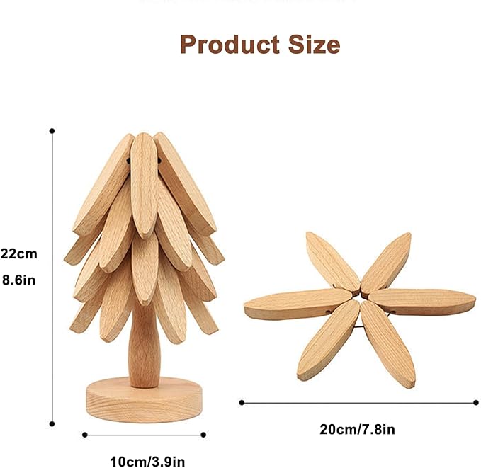 Natural Tree Trivet Set - Natural Foldable Kitchen Trivets, Handmade Wooden Hot Pad Holder for Plates, Pots, Pans, Cup, Kitchen Dining Table Protection (Wood, L)