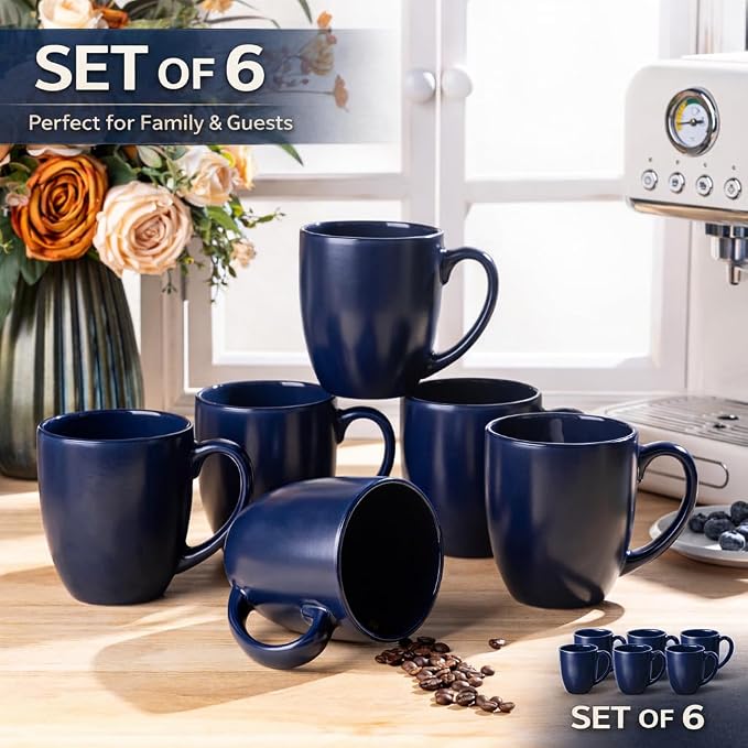 GBhome 12oz Coffee Mugs Set of 6, Large Ceramic Coffee Mugs for Man, Woman, Dad, Mom, Modern Coffee Mugs Set with handle for Tea/Latte/Cappuccino/Milk/Cocoa. Dishwasher&Microwave Safe,Navy Blue