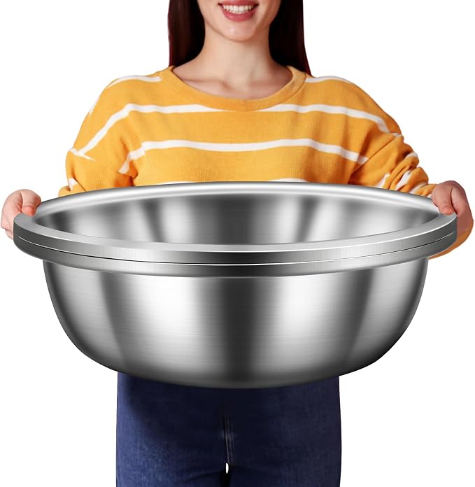 FillTouch 2 Pack Large Mixing Bowl 20 Qt Oversized All Purpose 304 Stainless Steel Polished Mirror Flat Base Metal Bowl for Home or Commercial Prepping Baking Mixing Marinating