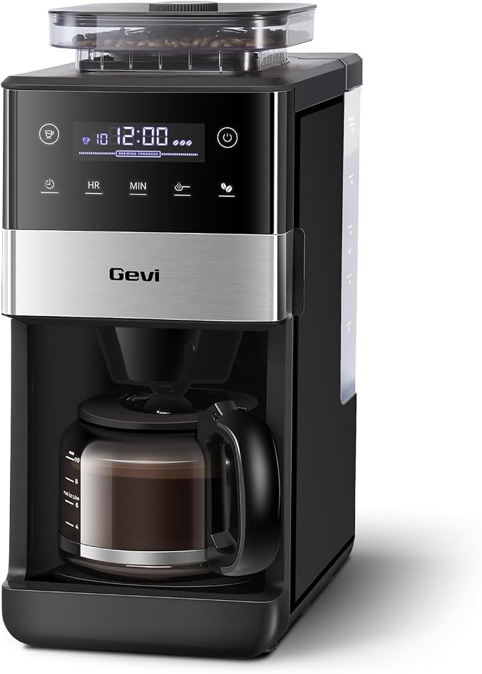 Gevi 10 Cup Drip Coffee Maker with Built‑in Grinder, Grind & Brew Machine, Large Touch Screen, Programmable Scheduled Brewing, 90‑Min Keep‑Warm Plate, Permanent Filter, 1.5L Tank