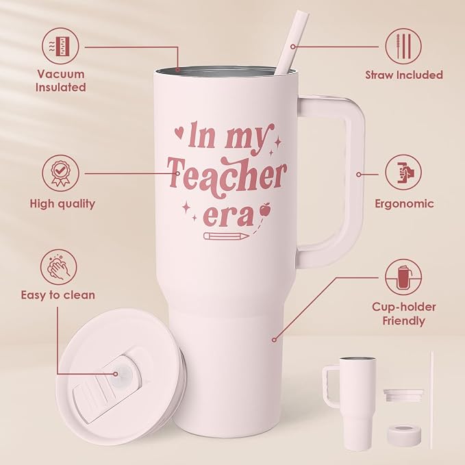 SANDJEST Teacher Gift – Stainless Steel Insulated Tumbler with Handle - Cool Teacher Club Travel Coffee Mug Cup for Women Back to School Birthday Christmas Teacher's Appreciation, 40oz