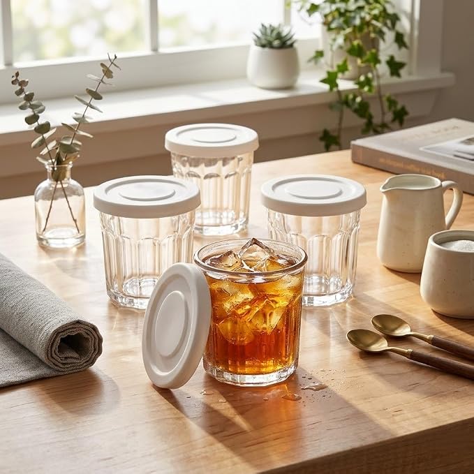 Working Glass Cups with Lids Set of 4,13.5oz Thick Drinking Glasses, Heavy Duty Glass Tumblers, Stackable Food Storage Jars,Clear Picardie Style Glassware