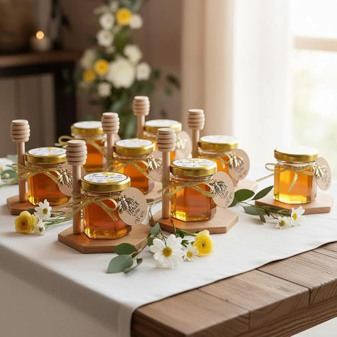 Small Honey Jar, Mini Honey Jars with Dipper, Glass Honey Pot Baby Shower Favors, Party Favors & Wedding Favors, Hexagon Honey Container w/ Lid, Bee Charms, Fabric Ribbons and Bags, 60 Pack 1.5oz