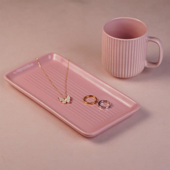 Ceramic Coffee Mugs with Handle Set – 2-Piece 11 Oz Ceramic Coffee Cups & 9" Tray, Handmade Pastel Pink Color, Microwave Safe Gift Set for Tea Lovers, Home Kitchen Décor