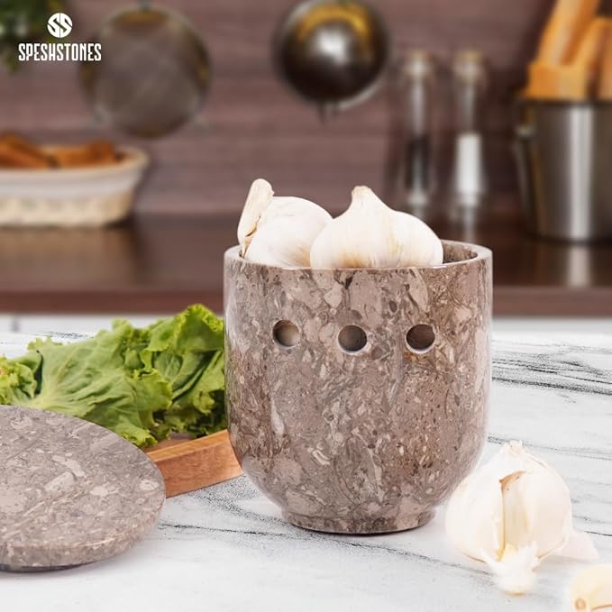 Marble Garlic Keeper for Counter 4.5 Inch Handmade Garlic Holder for Fresh Garlic Cloves, Storage Container for Gifts, Garlic Saver for Kitchen Countertop Decor