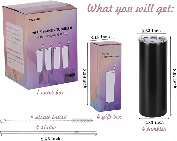 4 Pack 20 Oz Straight Skinny Tumblers,Individually Gift Boxed Stainless Steel Slim Skinny Tumbler Set Bulk, 20 Oz Insulated Slim Thin Travel Tumbler Cup for Diy, Black