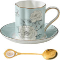 Floral Tea Cup and Saucer Set, Bone China Cup and Saucer with Spoon, Elegant Porcelain Coffee Cup with Gold Trim, Food Grade Coffee Mug for Women, Tea Party, Gifts Giving, 8.5 oz