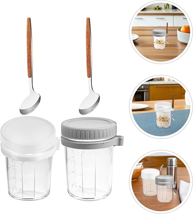 4pcs Glass Breakfast Cups with Airtight Lids and Spoons 350ml Reusable Overnight Oats Containers for Yogurt, Cereal, and Meal Prep in Kitchen Storage