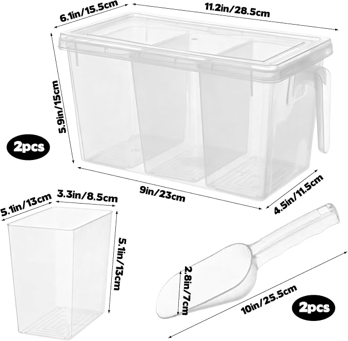 CIEOVO 2 Set 3 Divided Ice Bin for Freezer with Lid and 2 Scoop Set Plastic Freezer Ice Bin with Pull-Out Handle Clear Storage Bucket Kitchen Food Storage Organizer for Home Office Fridge Kitchen