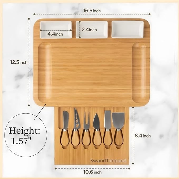 Charcuterie Boards，Cheese Board in cludes 6 Cheese Knives, 3 Seasoning Plates, with Platter and Drawer, Matching for Gatherings, Outing Door Use