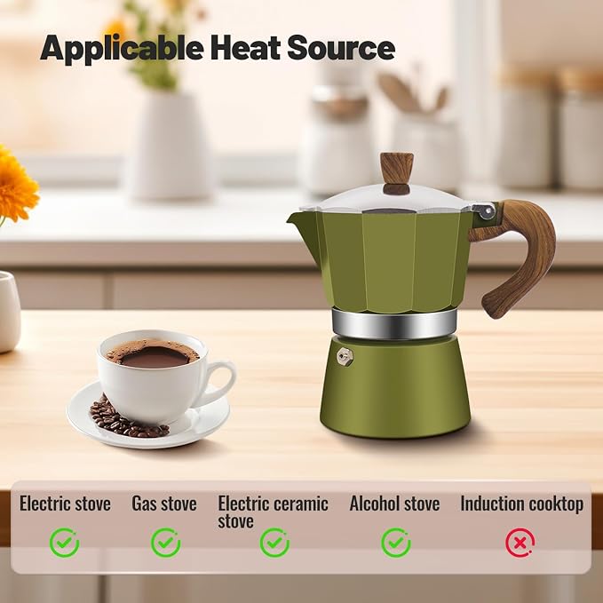 9 Cup Aluminum Moka Pot Classic Stovetop Espresso Coffee Maker 450ml 15oz Coffeemaker Percolator Mocha Pot Greca Coffee Maker Cafe Makers for Italian and Cuban Café Brewing Green