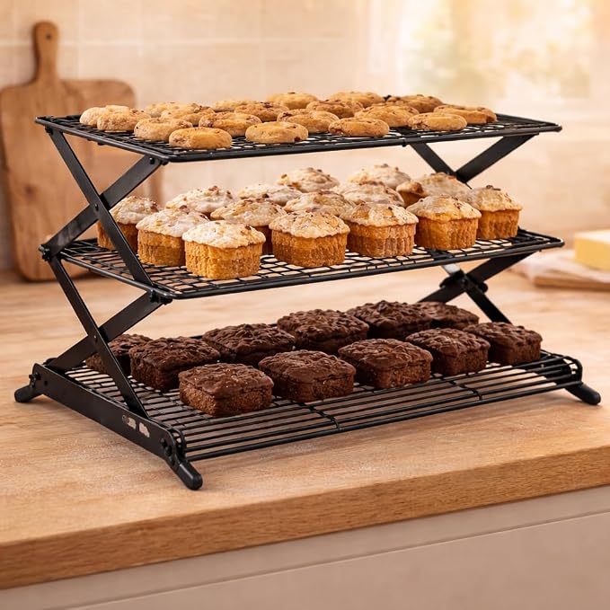3 Tier Cooling Rack, Collapsible Adjustable Height Wire Baking Rack with Stable X-Leg Design, Space-Saving Cooling Racks for Cooking and Baking Cookies, Cakes & Pastries, 17.1" x 9.8", Black