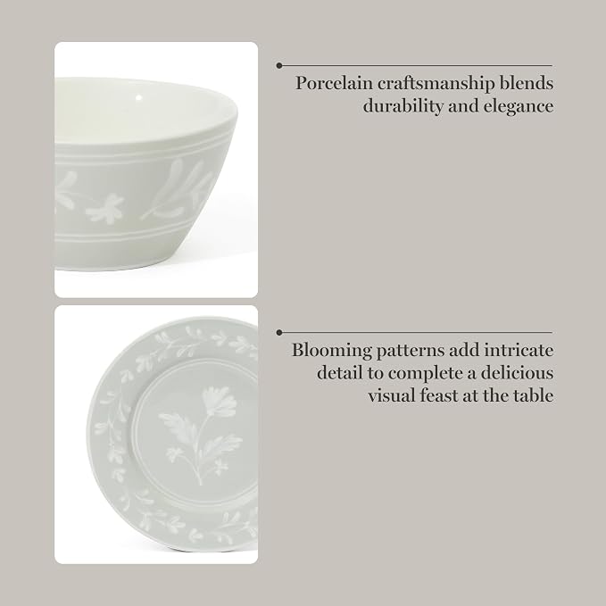 Martha Stewart Dinnerware Set - Maiden Crown 12-Piece Dish Set, Sage Green – New Bone China Ceramic Plates & Bowls – Floral Design – Service for 4 – Microwave & Dishwasher Safe