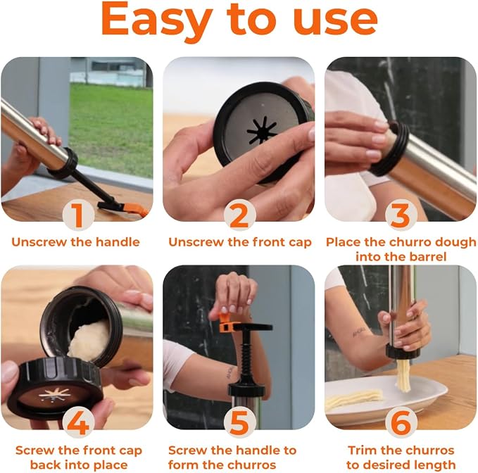 KneadEat Churro Maker Kit with Piping Bag, XL Filling Needle and Decorating Tips Premium Stainless Steel Churrera with Easy Press Handle for Homemade Filled Churros